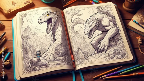 Sketchbook open to eight detailed fantasy warrior drawings, surrounded by colored pencils on a wooden surface, showcasing intricate armor designs.