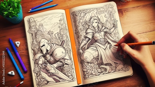 Sketchbook open to eight detailed fantasy warrior drawings, surrounded by colored pencils on a wooden surface, showcasing intricate armor designs.