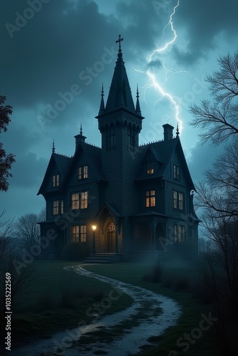 Spooky gothic mansion with eerie glow illuminated by lightning against stormy sky