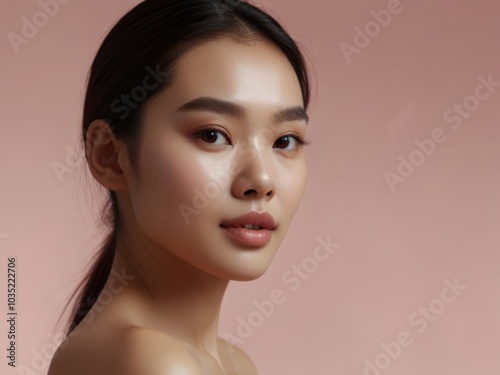 Close-up of an Asian girl’s face, focusing on the smooth, youthful glow of her skin