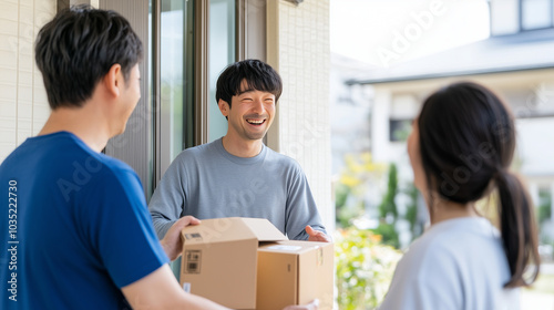 Family welcoming a delivery person at the door, receiving packages with smiles, everyday convenience, FamiliesInJapan, family interactions, modern life, home deliveries