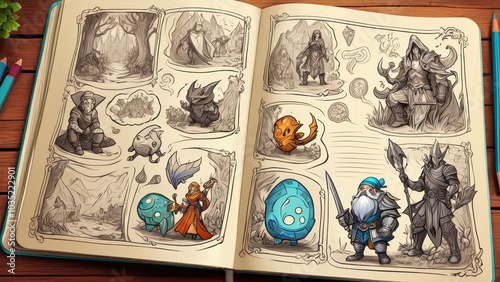 Sketchbook open to eight detailed fantasy warrior drawings, surrounded by colored pencils on a wooden surface, showcasing intricate armor designs.