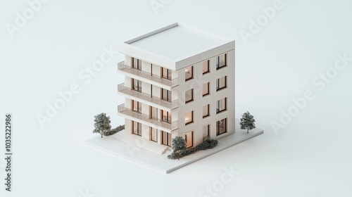 Modern Apartment Building 3D Model Render White Exterior Balcony Design