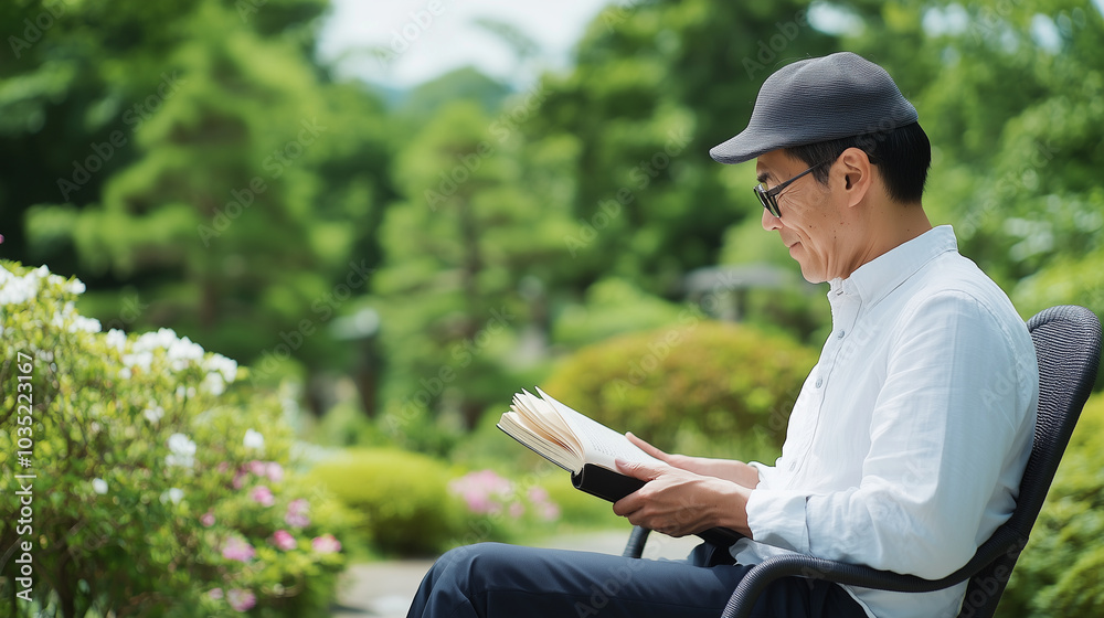 Father reading a book in a tranquil garden, surrounded by greenery and flowers, moment of relaxation, FamiliesInJapan, leisure time, nature, personal time Father reading a book in a tranquil garden, surrounded by greenery and flowers, moment of relaxation, FamiliesInJapan, leisure time, nature, personal time