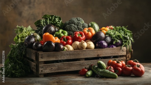 A colorful array of farm-fresh vegetables arranged in a rustic wooden crate, Vegetables arranged in a cascading manner, Soft diffused light for a natural look