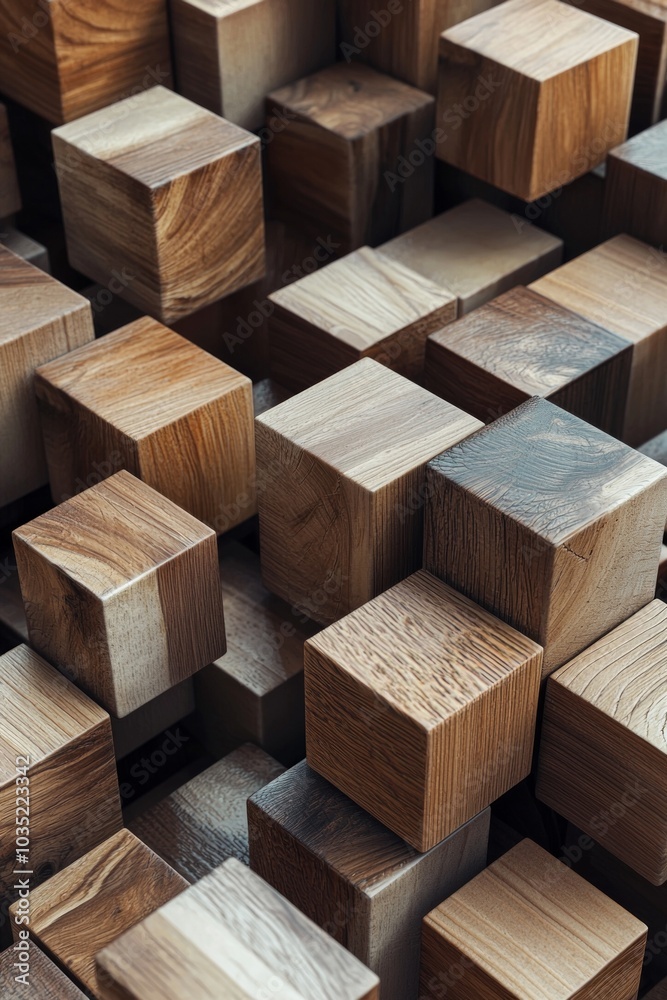 3D rendering of geometric wooden cubes arranged in an abstract pattern. The background is filled with various shades and types of wood. 3D rendering of geometric wooden cubes arranged in an abstract pattern. The background is filled with various shades and types of wood.