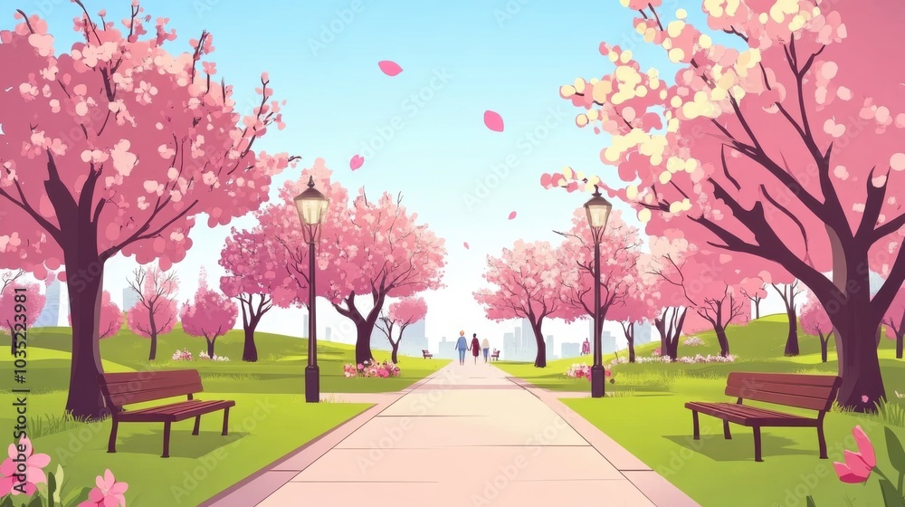 Naklejka premium Serene park pathway adorned with blooming cherry blossom trees and benches. Spring landscape
