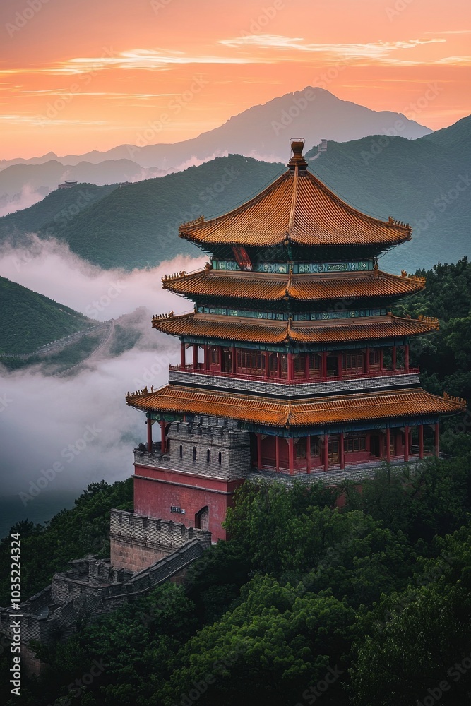 A Chinese-style building, located on the top of Mountains in China, with floors and golden roofs, during a beautiful sunset, surrounded by sea of clouds A Chinese-style building, located on the top of Mountains in China, with floors and golden roofs, during a beautiful sunset, surrounded by sea of clouds