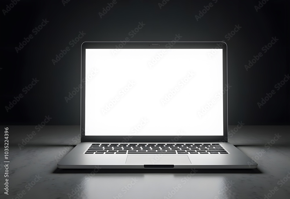 Laptop with blank screen isolated on black background, white aluminium body. Whole in focus. High detailed. 3d illustration.
Laptop with blank screen isolated on black background, white aluminium body. Whole in focus. High detailed. 3d illustration.