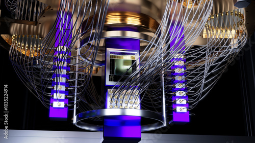 3d render of a quantum processor chip containing quantum bits or qubits.  The chip is illustrated in its location at the bottom
underside of a quantum computer cooling chandelier.