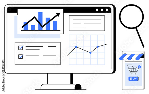 Monitor with graphs, charts, and data forms, a mobile shopping cart with buy button, and a magnifying glass. Ideal for data analysis, business growth, e-commerce, online shopping, and technology