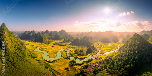 Obraz na plátně Aerial landscape in Phong Nam valley, Cao bang province, Vietnam with river, nat