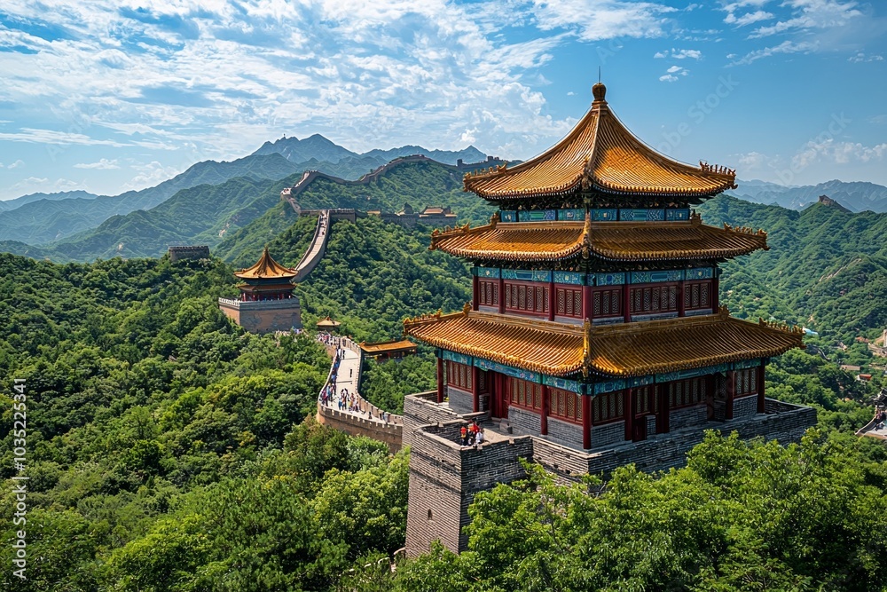 A Chinese-style building, located on the top of Mountains in China, with floors and golden roofs. A Chinese-style building, located on the top of Mountains in China, with floors and golden roofs.