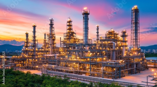 Industrial Refinery at Sunset Oil and Gas Processing Plant Chemical Industry