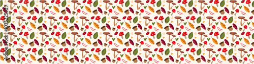 Long Vector Seamless Autumn Pattern with Leaves, Forest Elements, Mushrooms, Pumpkins and Branches. Seasonal Background.