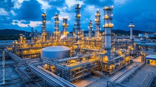 Industrial Refinery Plant at Night with Illuminated Towers and Pipes