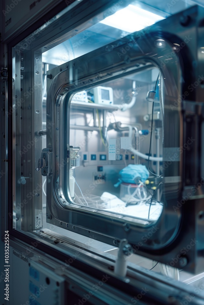 A view of a hospital bed and medical equipment from outside the room A view of a hospital bed and medical equipment from outside the room