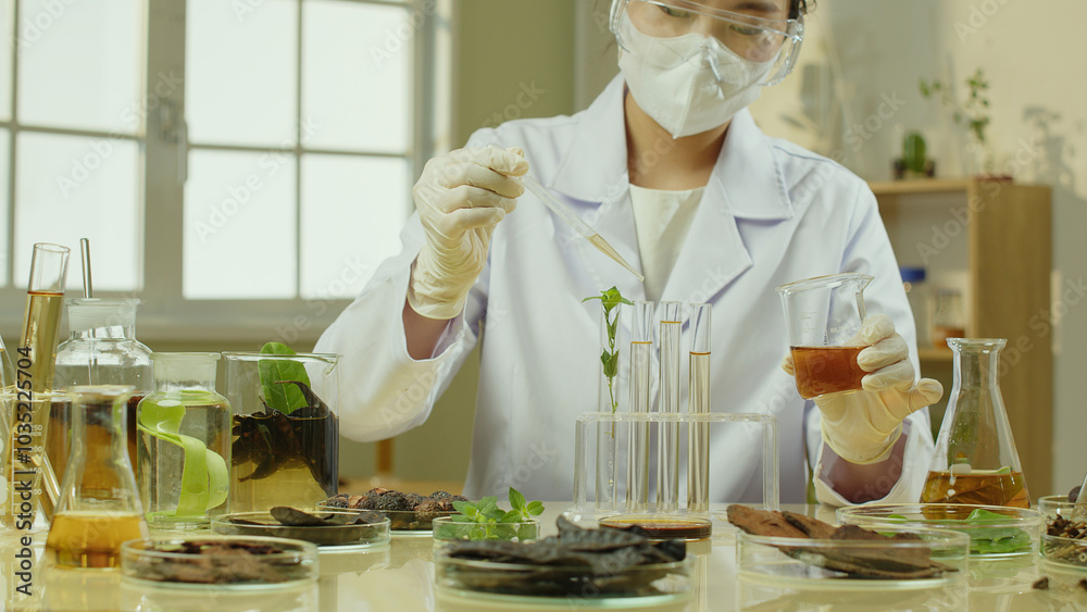 In this image of a modern laboratory, a scientist is seen dropping a brown solution from a beaker to a test tube and is surrounded by glassware that contains different herbal substances. In this image of a modern laboratory, a scientist is seen dropping a brown solution from a beaker to a test tube and is surrounded by glassware that contains different herbal substances.