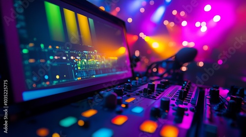 Photo of a close-up shot of professional video editing and color grading on a digital screen in a film studio with a live show or concert stage background.