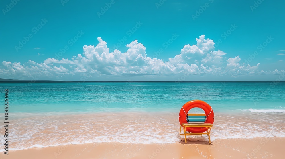 A red life ring sits on a sandy beach with a clear blue sky and ocean in the background. A red life ring sits on a sandy beach with a clear blue sky and ocean in the background.