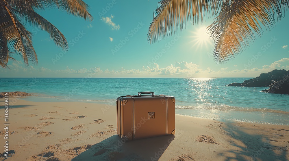 Obraz premium A vintage suitcase sits on a pristine beach under palm trees, the sun shining on the turquoise ocean.