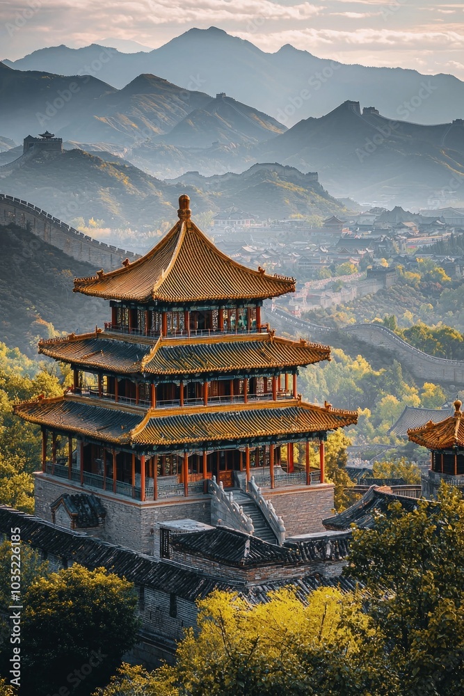 A Chinese-style building, located on the top of Mountains in China, with floors and golden roofs.