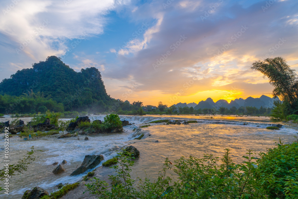Aerial landscape in Phong Nam valley, Cao bang province, Vietnam with river, nature, rice fields, beautiful destination in Northern Vietnam