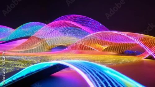 Seamless neon glowing waves. Big data wave of particles. Futuristic neon glowing surface. Abstract minimalist motion background. Loopable 4k