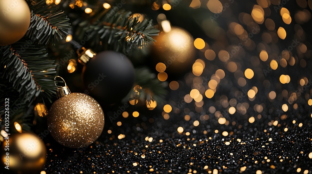 Black and gold Christmas background with glitter, black balls on the tree, confetti and bokeh lights. Black and gold Christmas background with glitter, black balls on the tree, confetti and bokeh lights.