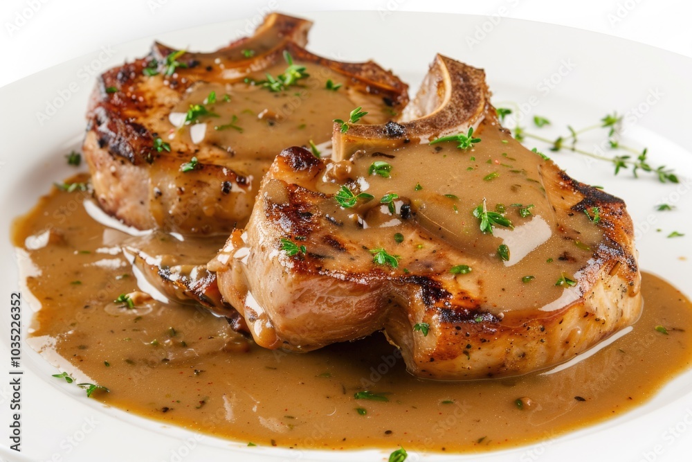 A white plate filled with sliced meat covered in savory gravy A white plate filled with sliced meat covered in savory gravy