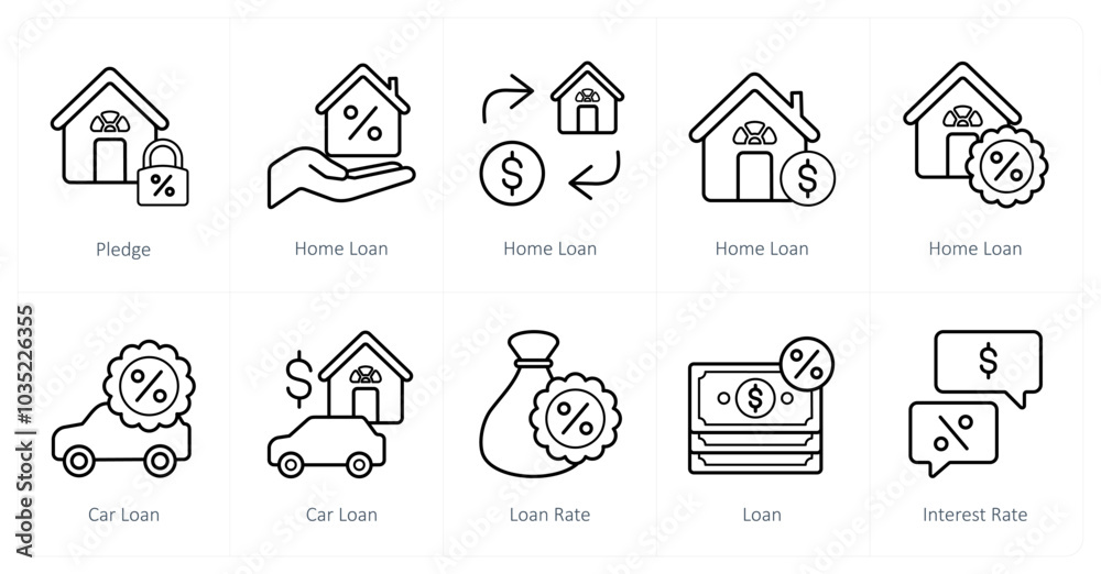 A set of 10 Loan and Debt icons as pledge, home loan, car loan A set of 10 Loan and Debt icons as pledge, home loan, car loan