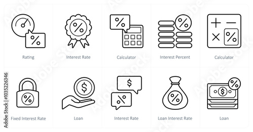 A set of 10 Loan and Debt icons as rating, interest rate, calculator