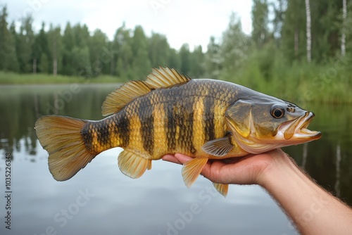 Perch Fish Angler Holding Big Catch with Nature Background