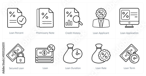 A set of 10 Loan and Debt icons as loan percent, promissory note, credit history