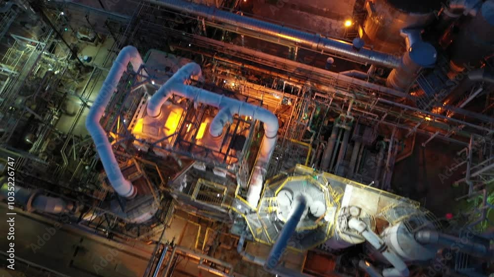 Aerial view of illuminated oil refinery complex with pipes and machinery at night, Richmond, California, United States.