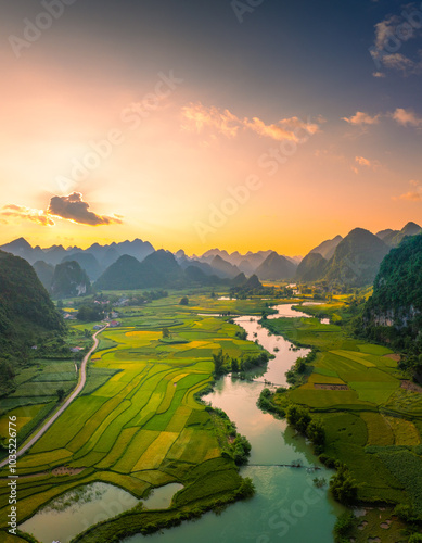 Aerial landscape in Phong Nam valley, Cao bang province, Vietnam with river, nature, rice fields, beautiful destination in Northern Vietnam photo