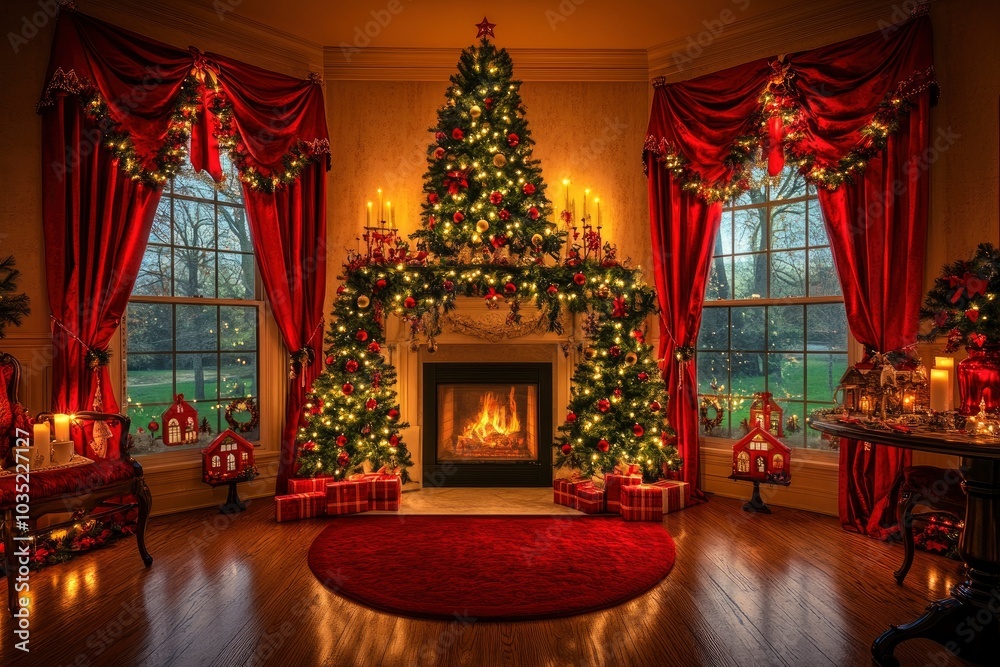 Christmas room background, front view,much more closeup, a Christmas tree in the middle of the living room with a fireplace and window decorated with generative ai Christmas room background, front view,much more closeup, a Christmas tree in the middle of the living room with a fireplace and window decorated with generative ai