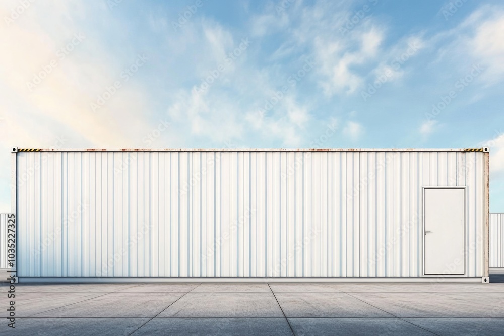 A simple white building with a door in the center, set against a bright blue sky A simple white building with a door in the center, set against a bright blue sky