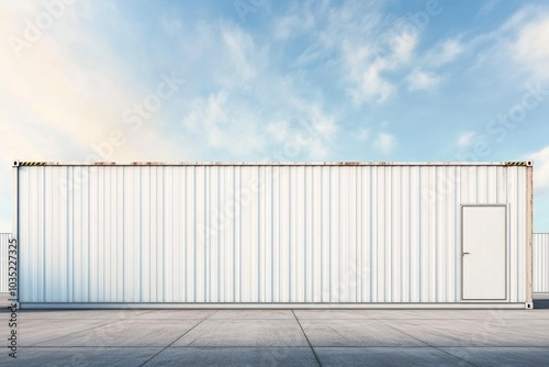 A simple white building with a door in the center, set against a bright blue sky