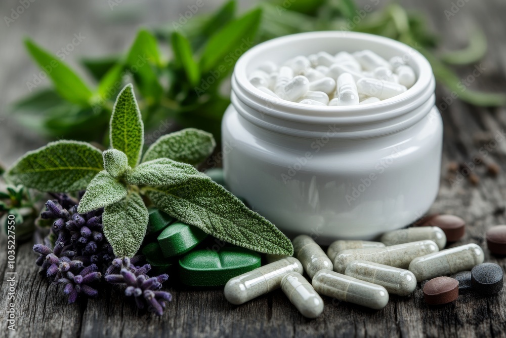 Herbal supplements and fresh herbs next to a jar of natural cream symbolizing wellness healing and natural beauty in an organic holistic setting Herbal supplements and fresh herbs next to a jar of natural cream symbolizing wellness healing and natural beauty in an organic holistic setting