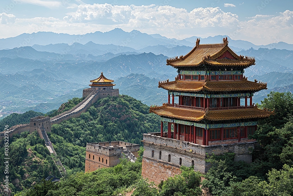 A Chinese-style building, located on the top of Mountains in China, with floors and golden roofs. A Chinese-style building, located on the top of Mountains in China, with floors and golden roofs.