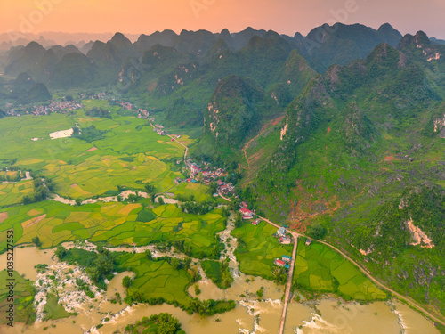 Aerial landscape in Phong Nam valley, Cao bang province, Vietnam with river, nature, rice fields, beautiful destination in Northern Vietnam photo