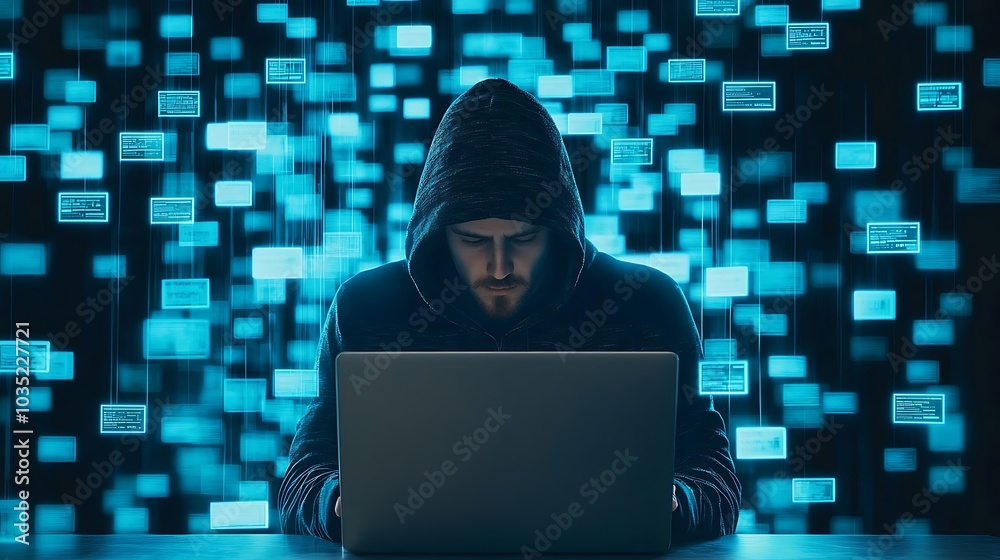 A focused individual in a hoodie analyzes complex data on a laptop, surrounded by a futuristic digital background, representing cybersecurity and technology. A focused individual in a hoodie analyzes complex data on a laptop, surrounded by a futuristic digital background, representing cybersecurity and technology.