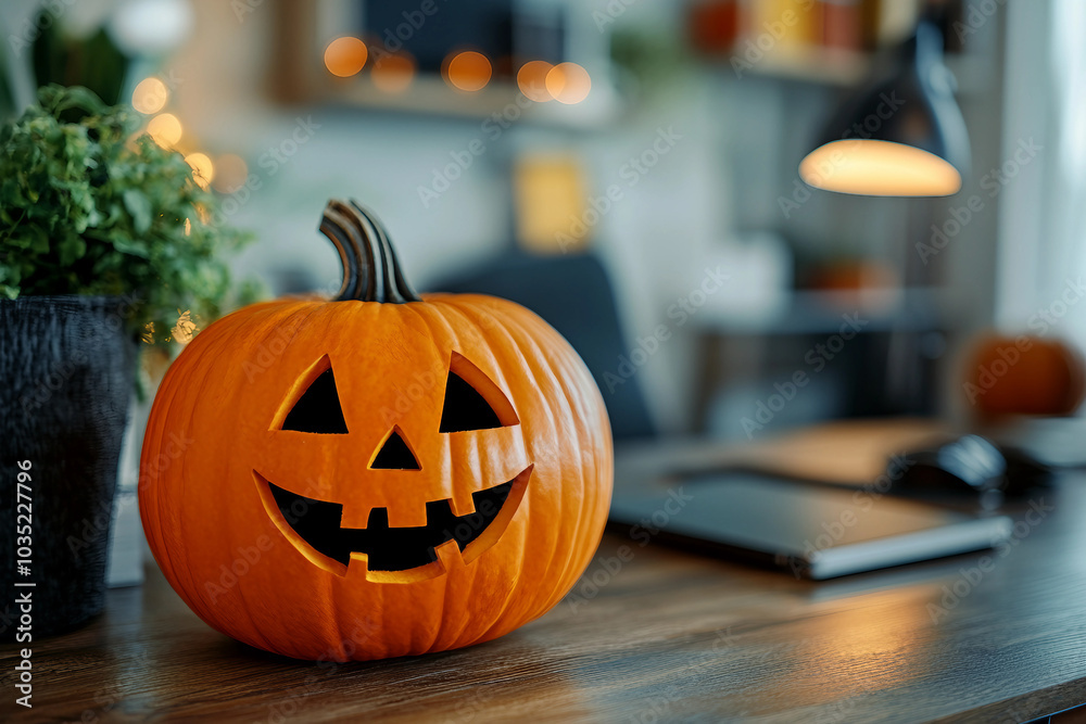 Halloween glowing pumpkin on a office desk business decor for party generative AI Halloween glowing pumpkin on a office desk business decor for party generative AI