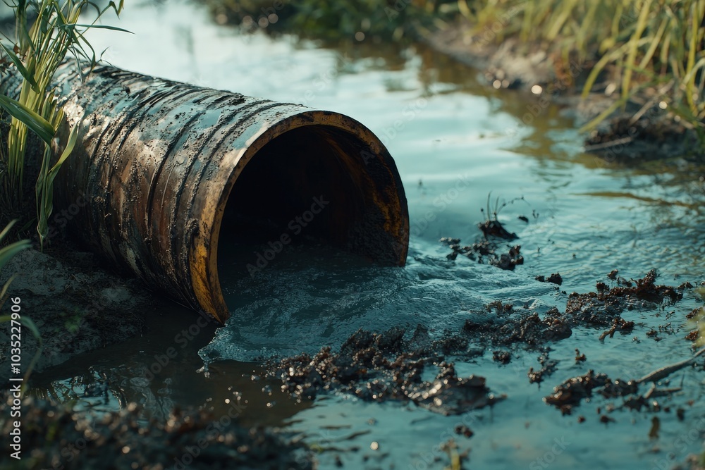 Sewage Pipe. Water Pollution: Contaminated Water from Drainage Pipe in River Sewage Pipe. Water Pollution: Contaminated Water from Drainage Pipe in River