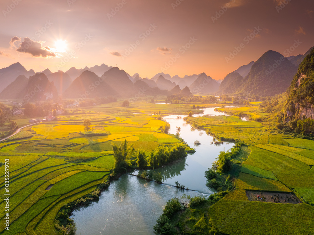 Aerial landscape in Phong Nam valley, Cao bang province, Vietnam with river, nature, rice fields, beautiful destination in Northern Vietnam Aerial landscape in Phong Nam valley, Cao bang province, Vietnam with river, nature, rice fields, beautiful destination in Northern Vietnam