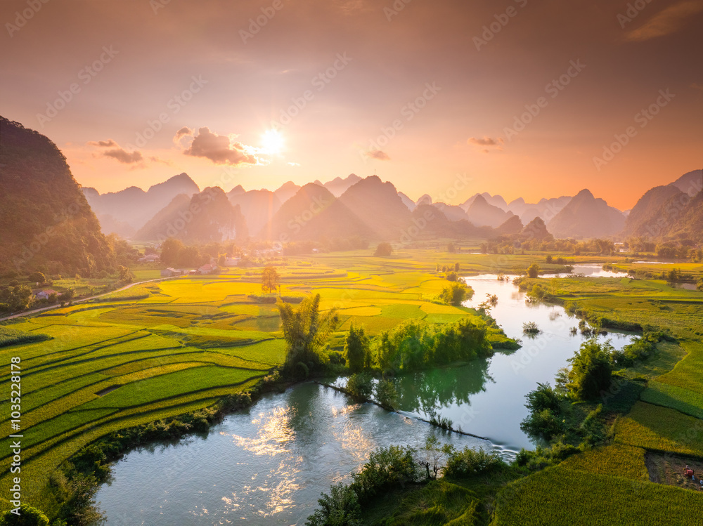 Fototapeta premium Aerial landscape in Phong Nam valley, Cao bang province, Vietnam with river, nature, rice fields, beautiful destination in Northern Vietnam