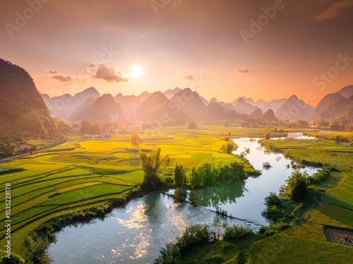 Wallpaper Mural Aerial landscape in Phong Nam valley, Cao bang province, Vietnam with river, nature, rice fields, beautiful destination in Northern Vietnam Torontodigital.ca