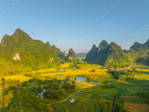Photography Aerial landscape in Phong Nam valley, Cao bang province, Vietnam with river, nat