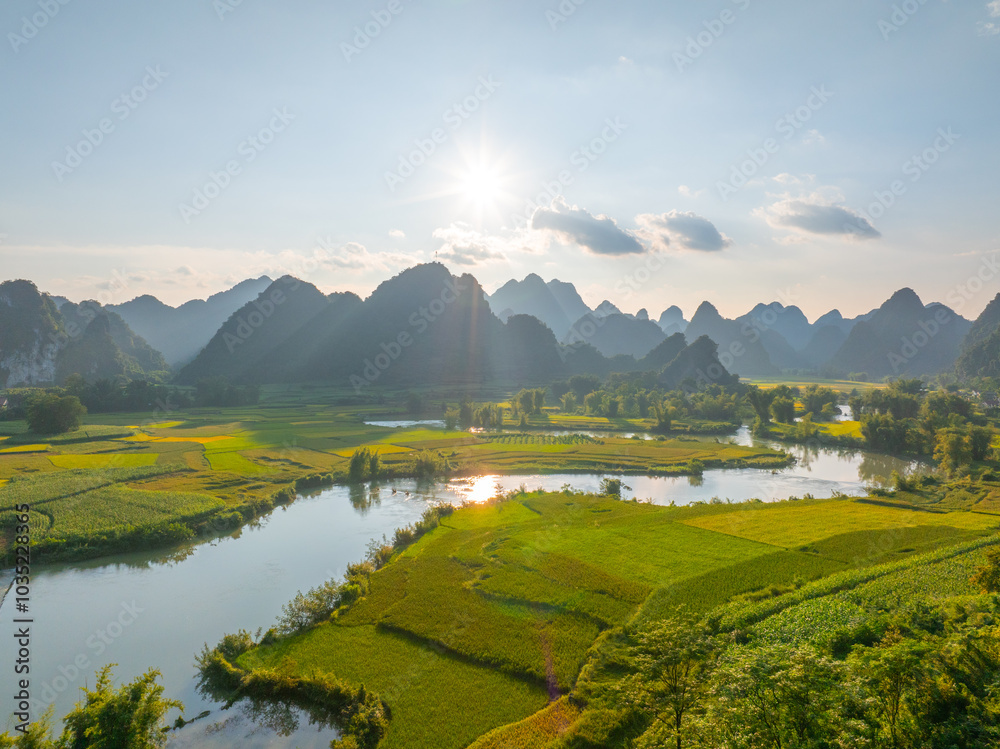 Fototapeta premium Aerial landscape in Phong Nam valley, Cao bang province, Vietnam with river, nature, rice fields, beautiful destination in Northern Vietnam
